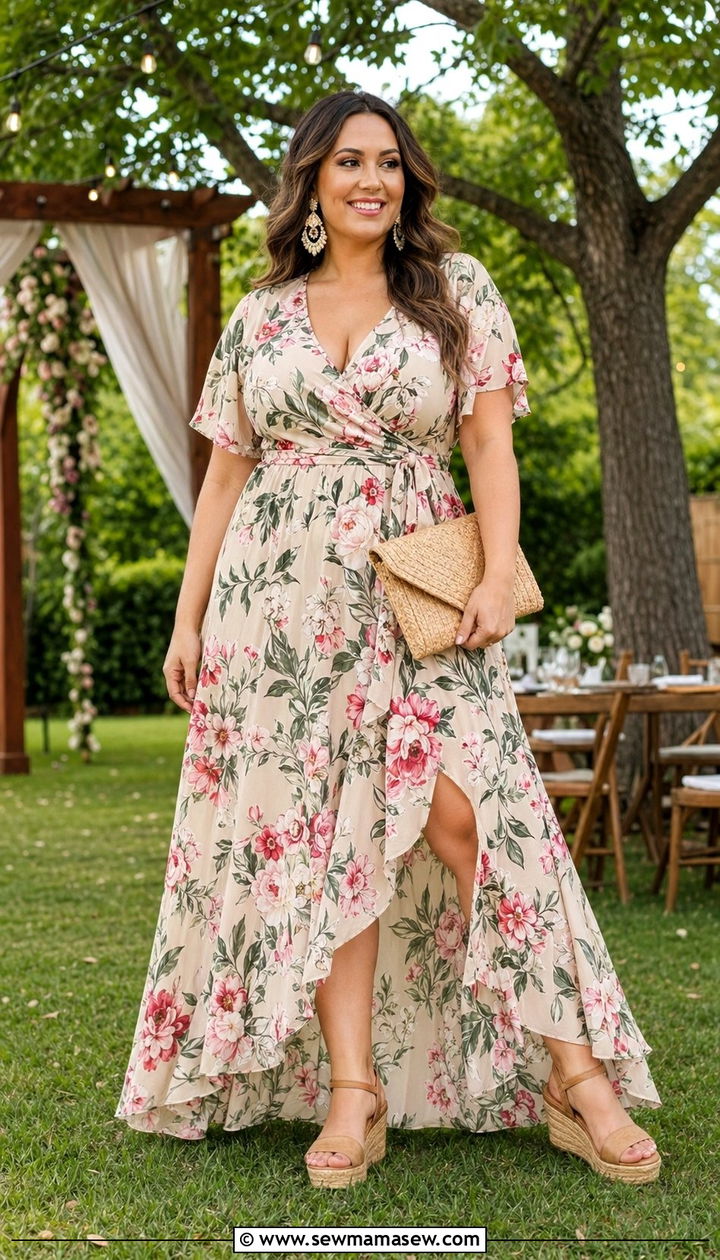 Plus Size Floral Maxi Dress With Wedges - 30 Backyard wedding guest outfit ideas
