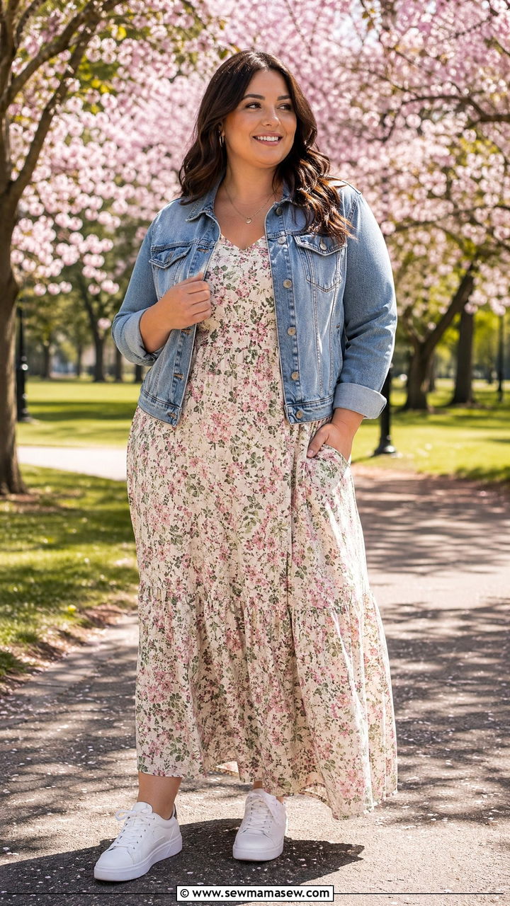 Plus Size Floral Maxi Dress with Denim Jacket - 35 Spring outfits for plus size