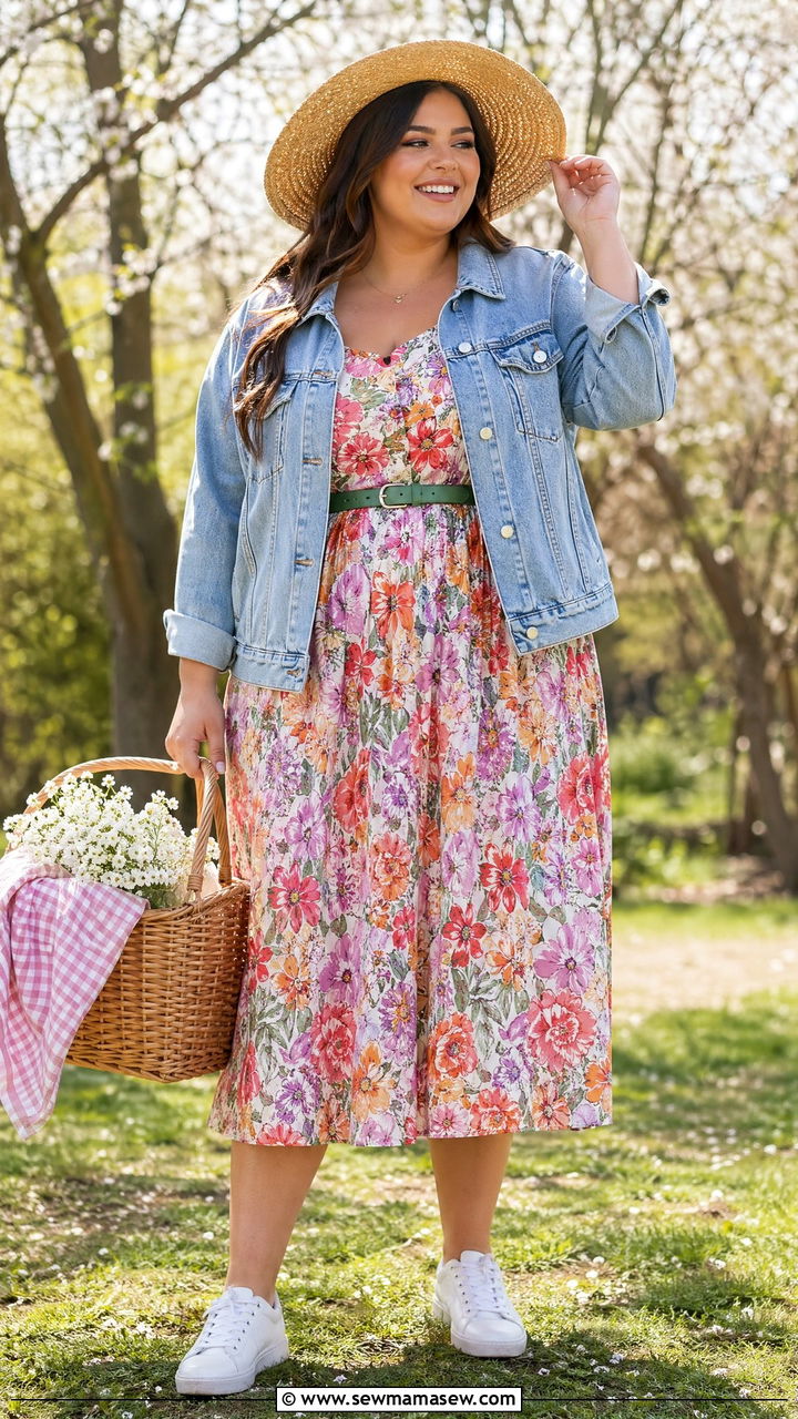 Plus Size Floral Midi Dress with Light Wash Denim Jacket - 35 Spring outfits for plus size