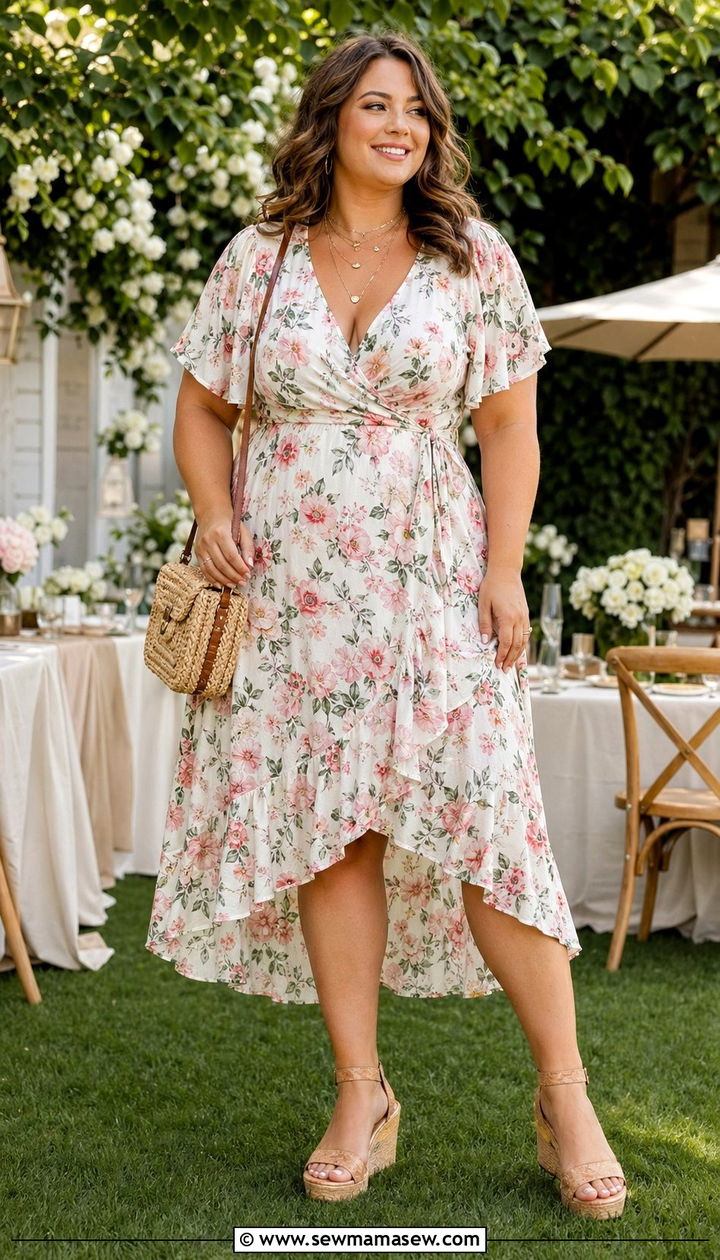 Plus Size Floral Midi Wrap Dress with Wedges - 35 Outfit ideas for plus size