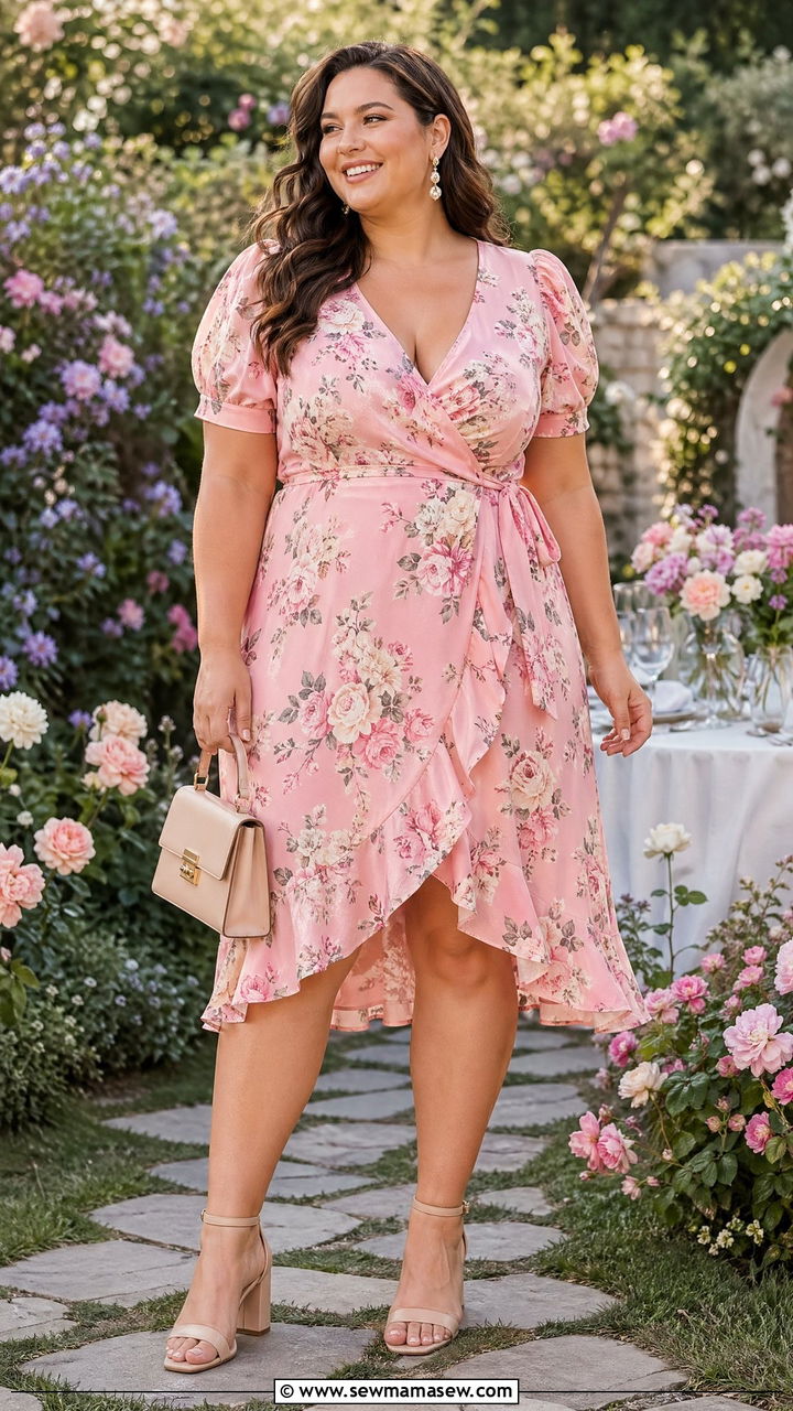 Plus Size Floral Wrap Dress With Block Heels - 35 spring floral outfit ideas