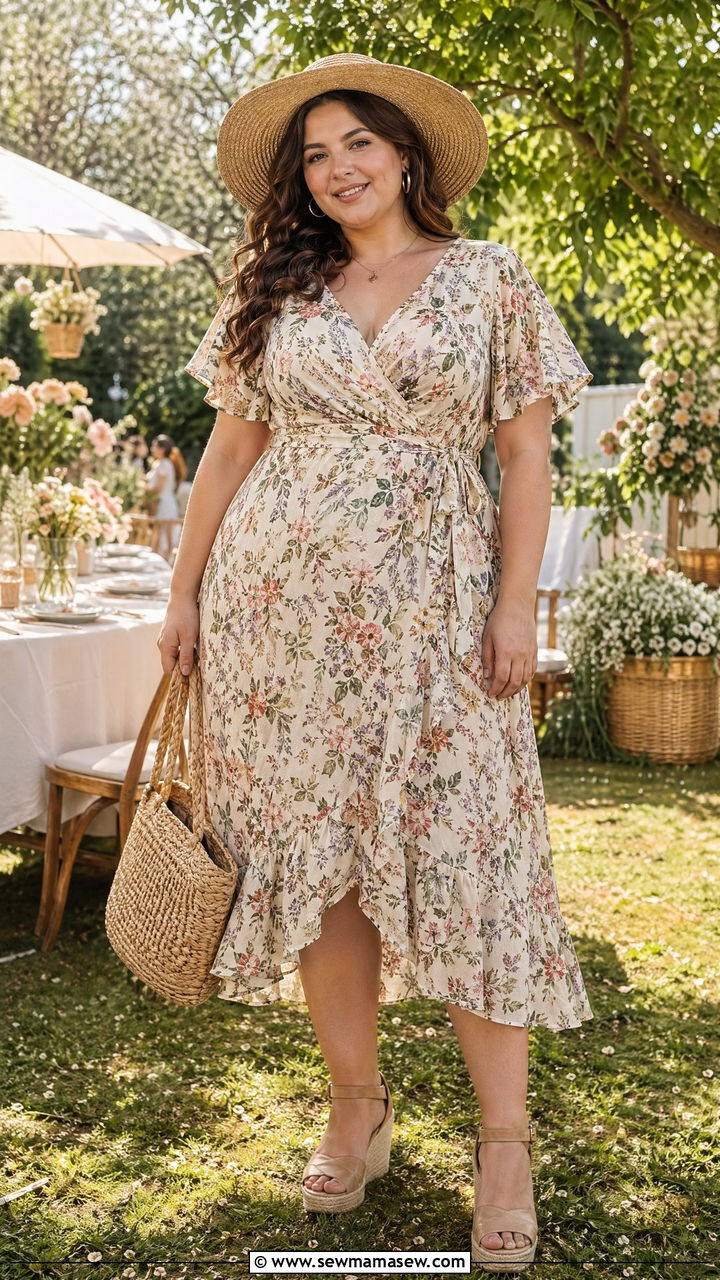 Plus Size Floral Wrap Dress With Wedge Sandals - 35 cottagecore outfits for women
