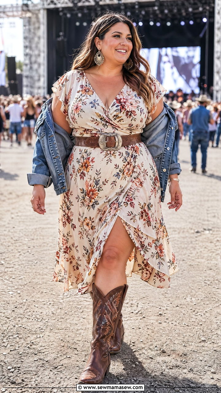 Plus Size Flowy Floral Wrap Dress with Western Belt - 35 country concert outfit ideas for women
