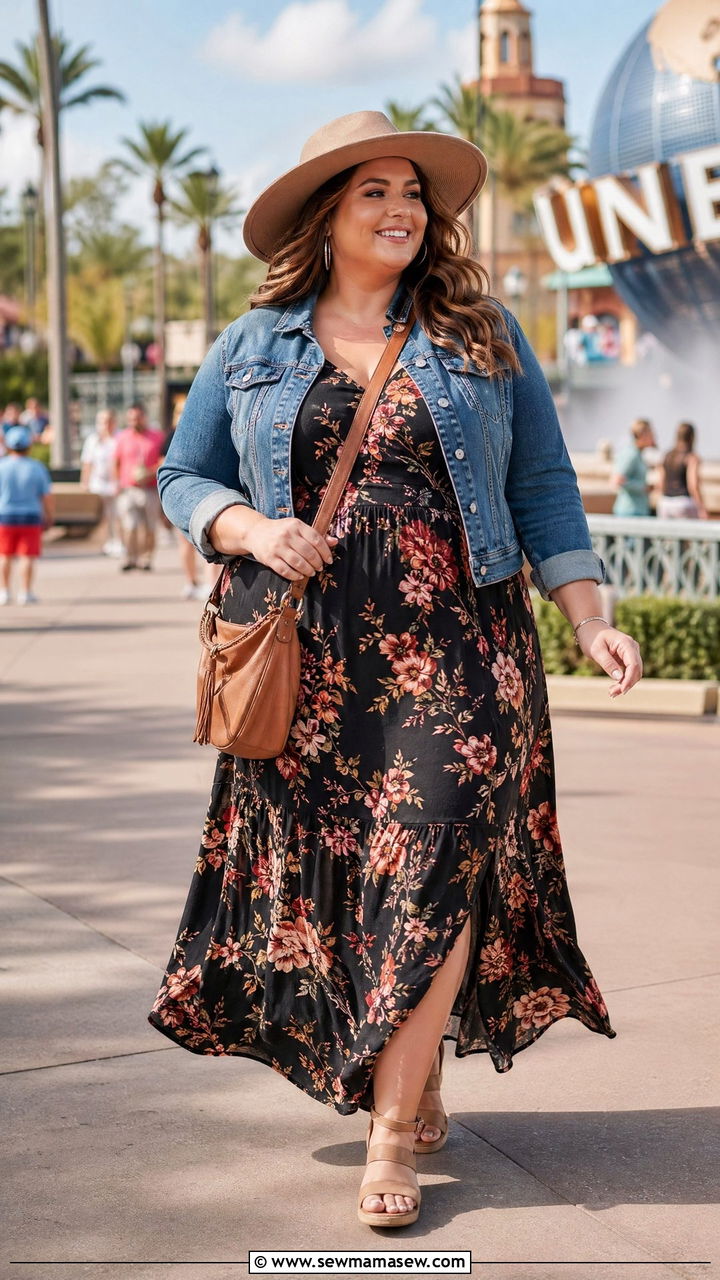 Plus Size Flowy Maxi Dress With Denim Jacket And Sandals - 35 Universal Studios outfit ideas