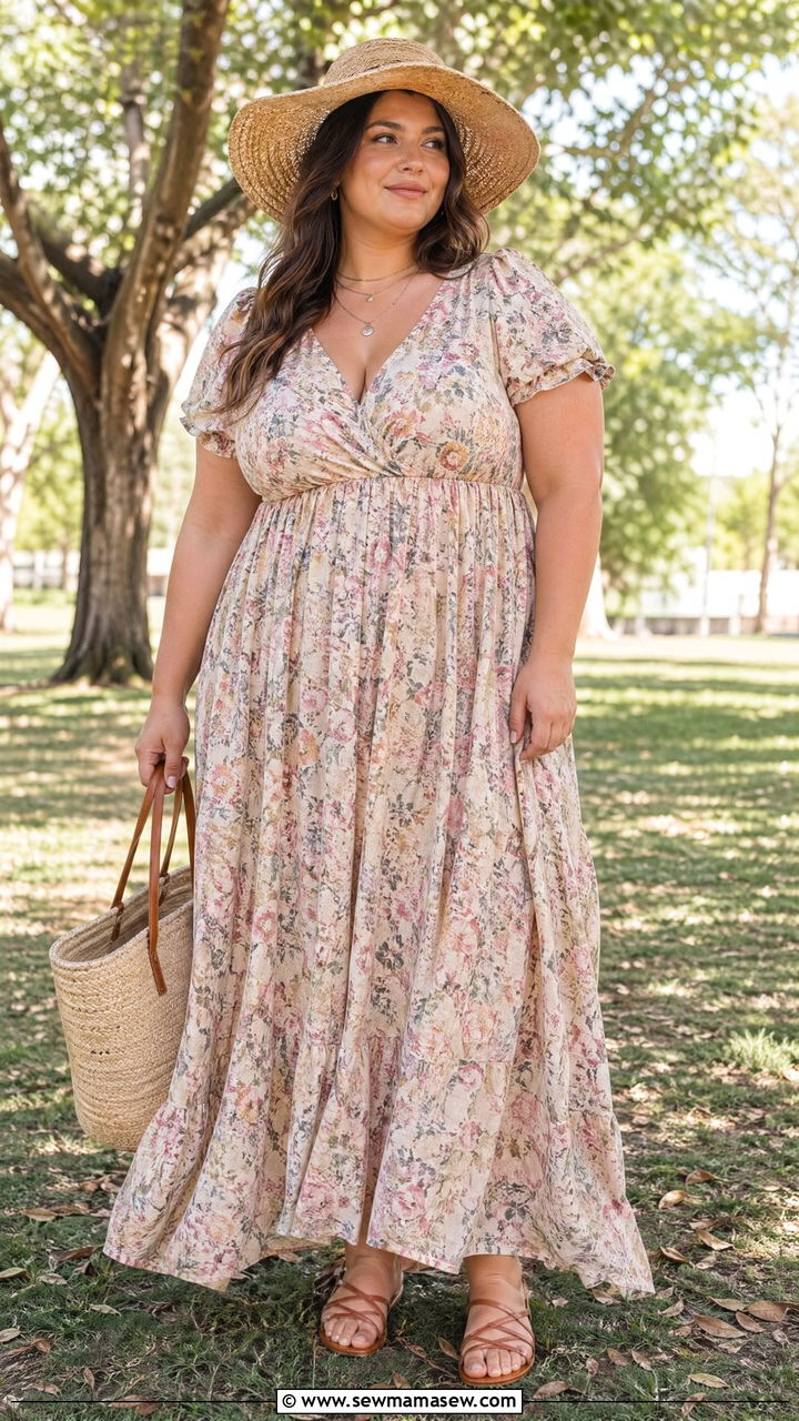 Plus Size Flowy Maxi Dress with Sandals - 35 casual outfits for plus size women