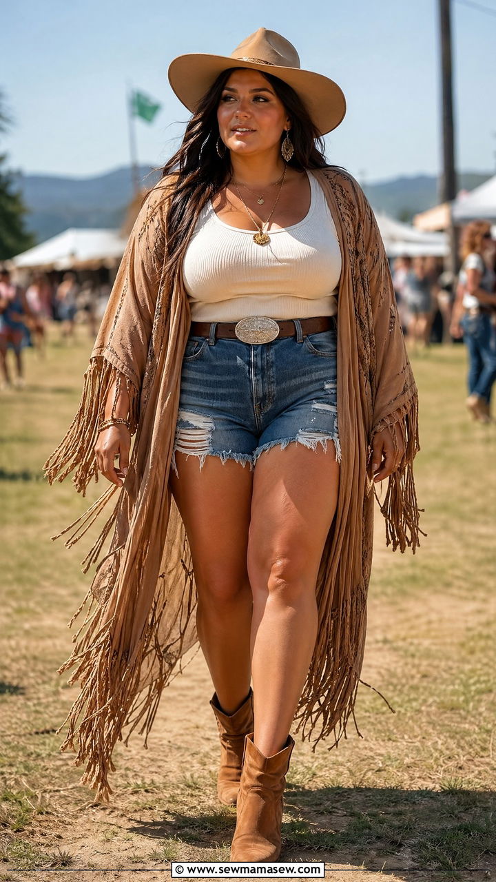 Plus Size Fringe Kimono with Denim Cutoffs Outfit - 35 Concert outfits for curvy women