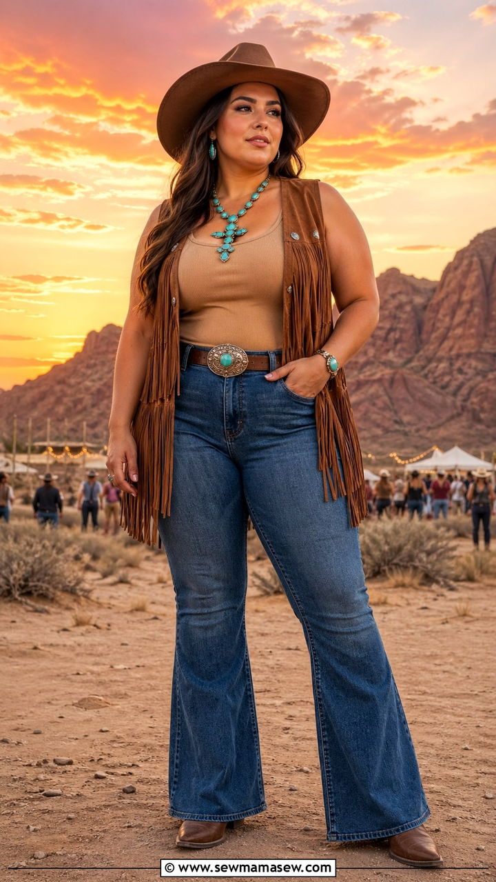 Plus Size Fringe Vest Western Festival Outfit - 30 Plus size festival outfit ideas
