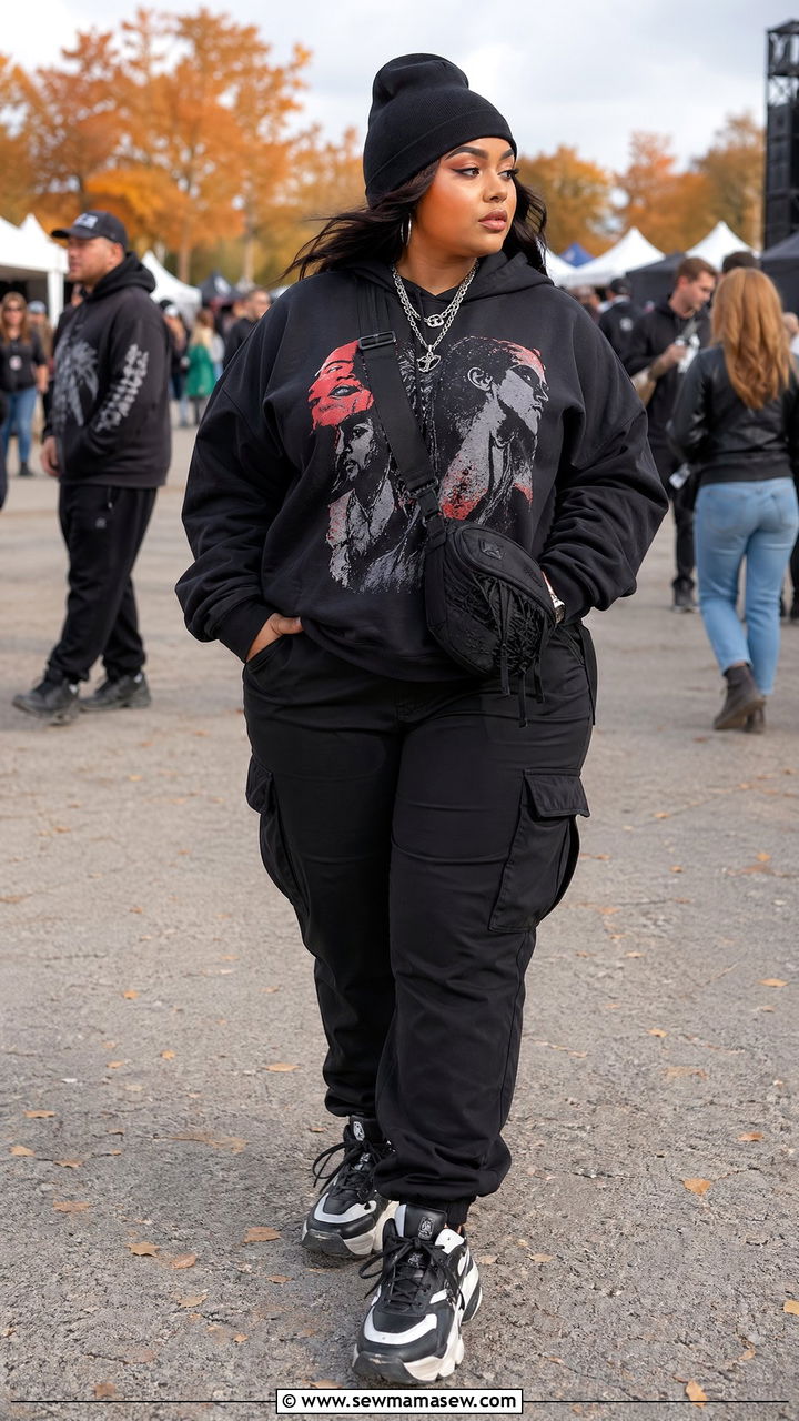 Plus Size Graphic Hoodie Cargo Pants Concert Look - 35 Concert outfits for plus size
