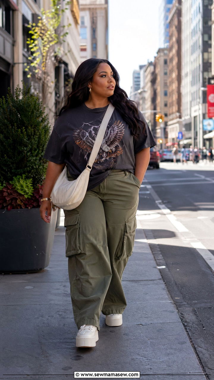 Plus Size Graphic Tee And Wide Leg Cargo Pants Spring Outfit - 35 spring outfits for plus size women