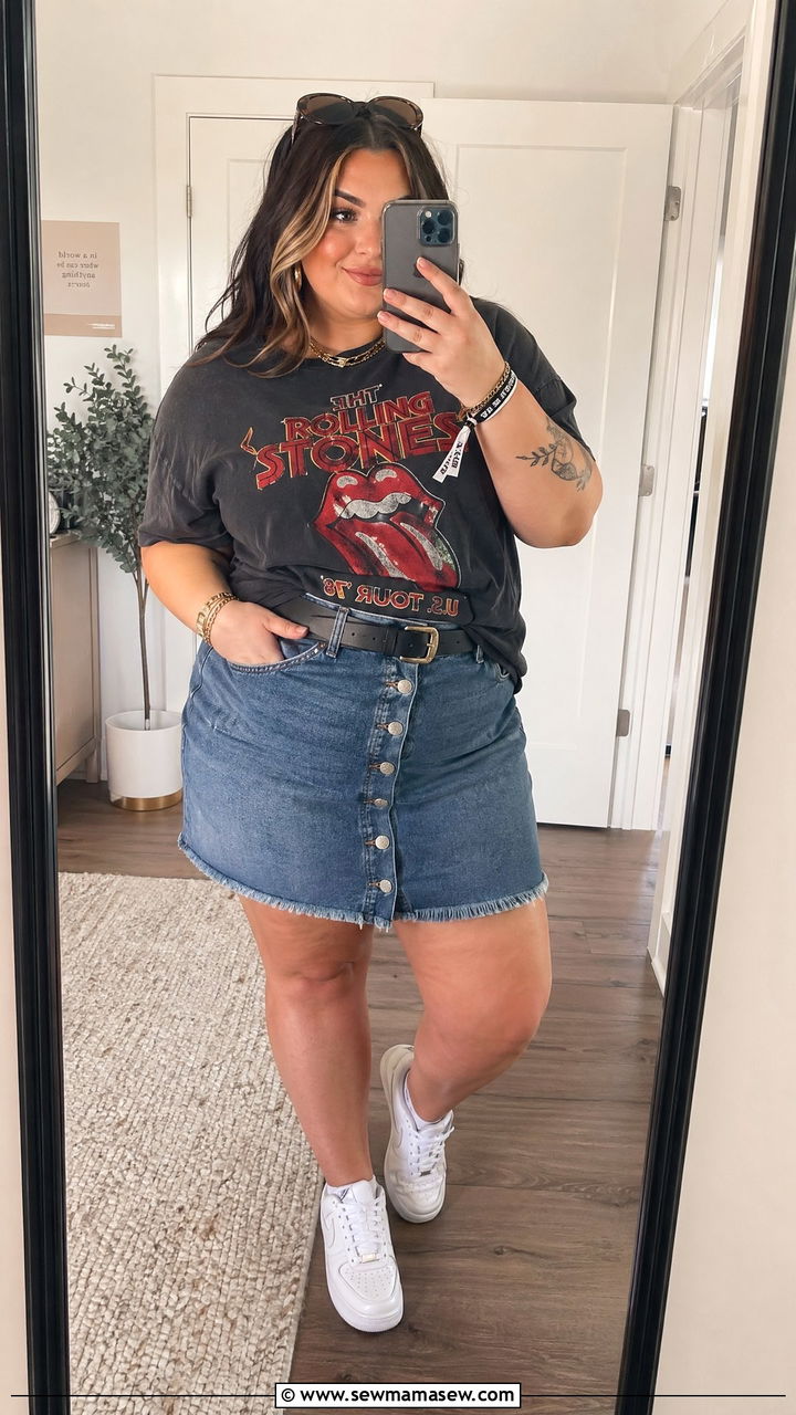 Plus Size Graphic Tee and Denim Skirt Concert Outfit - 35 Concert outfits for curvy women