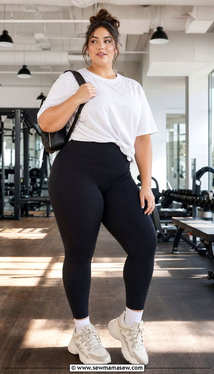 Plus Size Gym Outfit With High Waisted Leggings and Oversized Tee - 35 Plus size gym outfit ideas