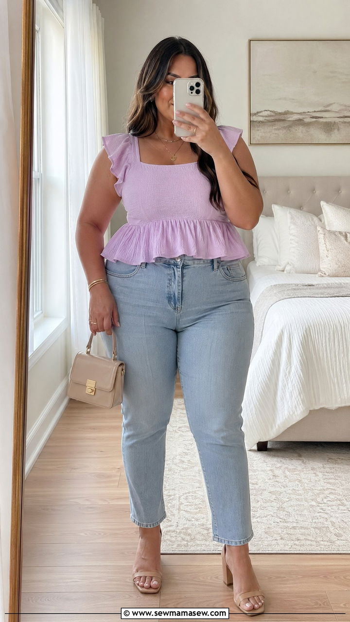 Plus Size High Waisted Jeans And Peplum Top Spring Outfit - 35 spring outfits for plus size women