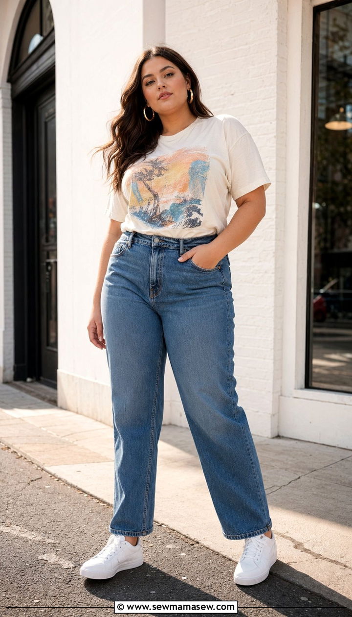 Plus Size High Waisted Jeans and Graphic Tee - 35 Outfit ideas for plus size