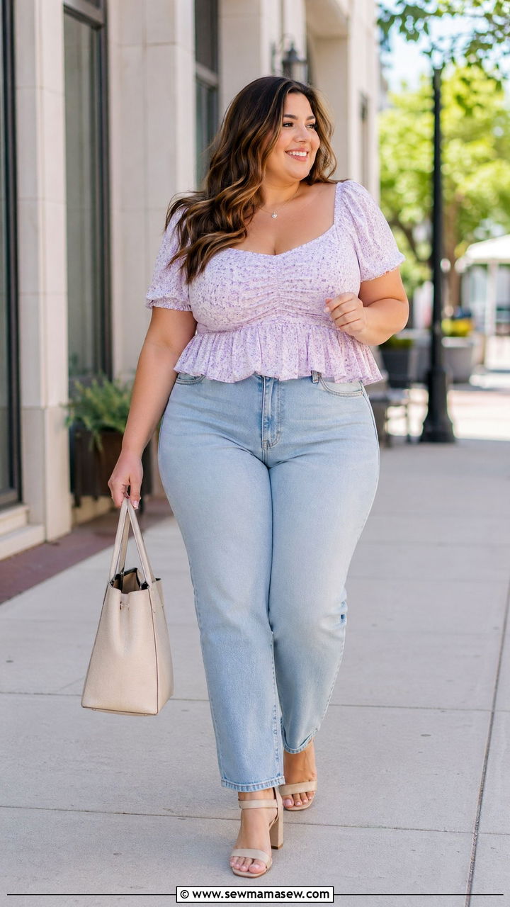 Plus Size High Waisted Jeans with Peplum Top - 35 Spring outfits for plus size