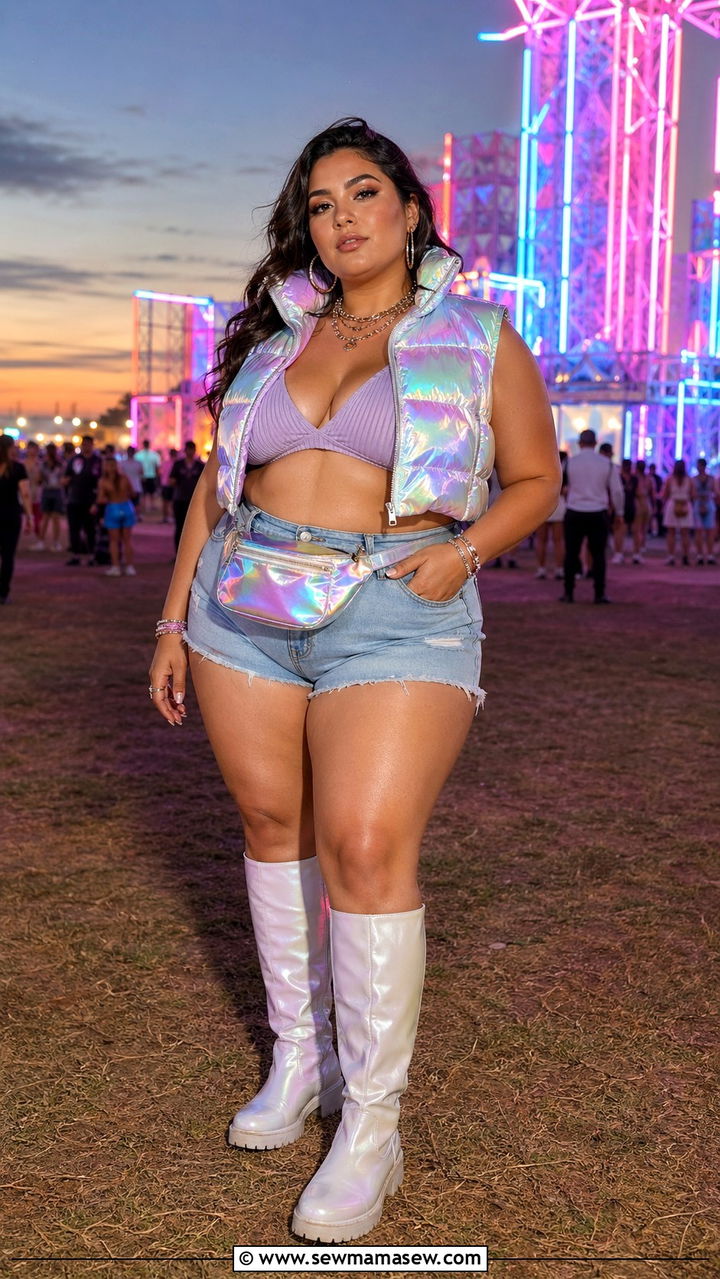 Plus Size Iridescent Puffer Vest Festival Outfit - 30 Plus size festival outfit ideas