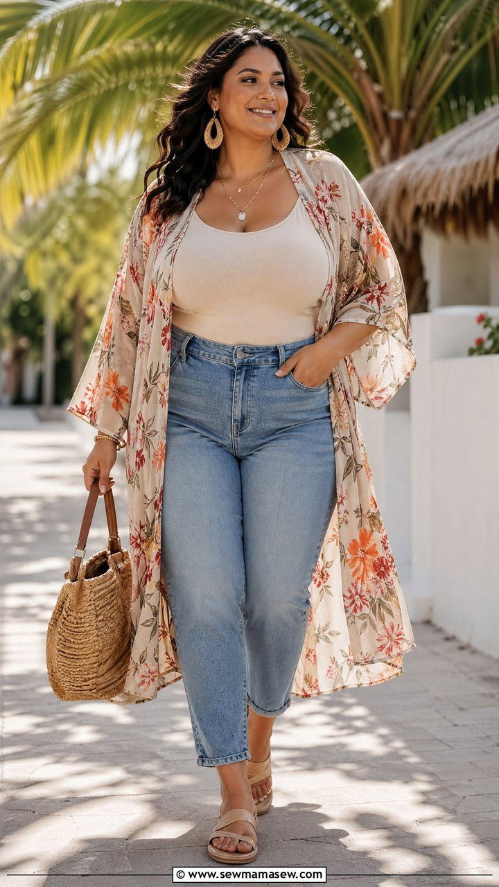 Plus Size Kimono with Tank and Jeans - 35 casual outfits for plus size women