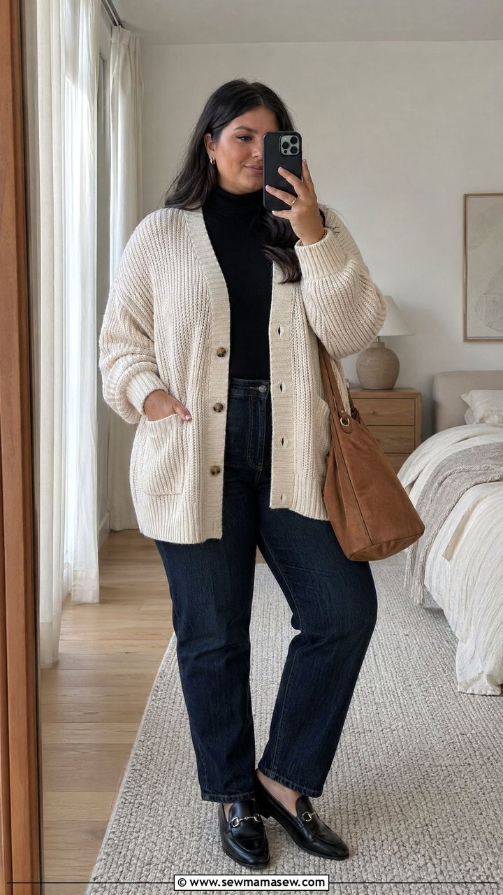 Plus Size Knit Cardigan and Straight Leg Jeans - 35 Spring outfits for plus size