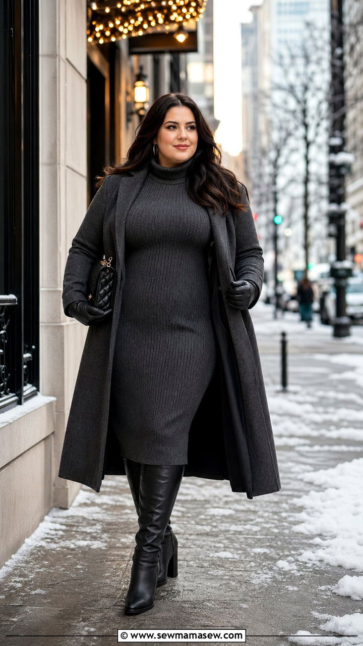 Plus Size Knit Dress and Knee High Boots - 35 Outfit ideas for plus size