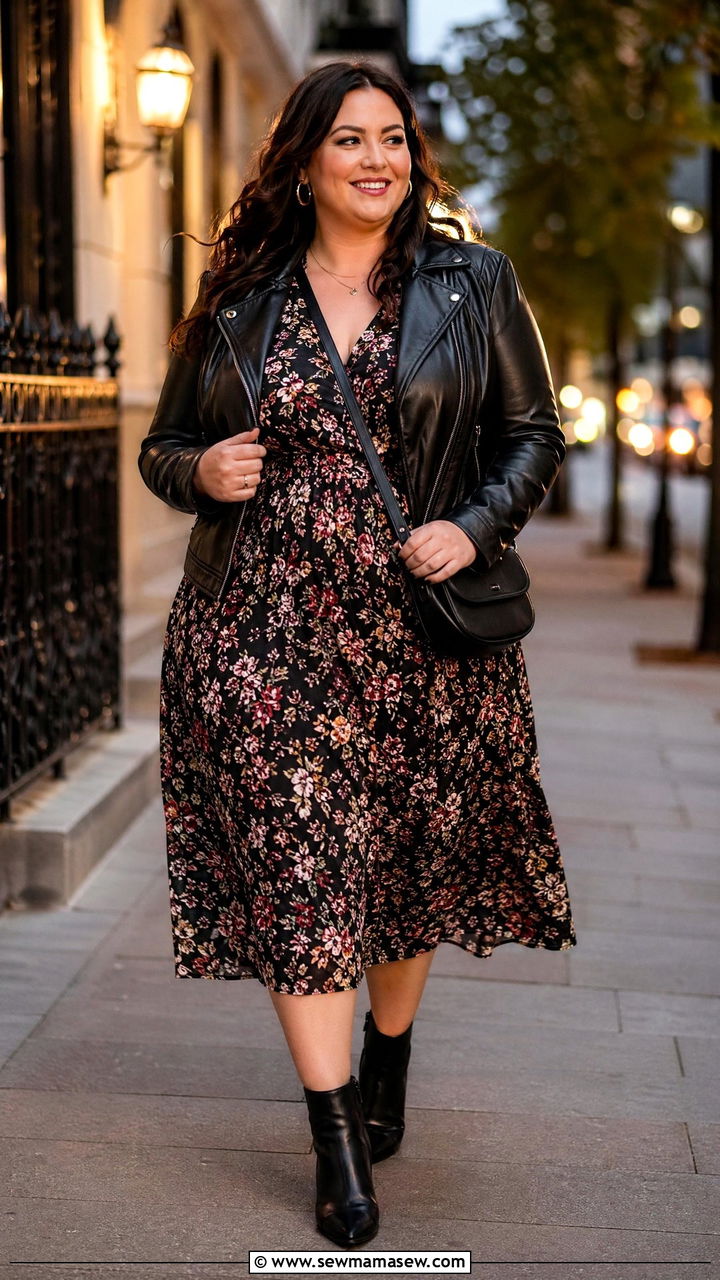 Plus Size Leather Jacket And Floral Midi Dress Spring Outfit - 35 spring outfits for plus size women