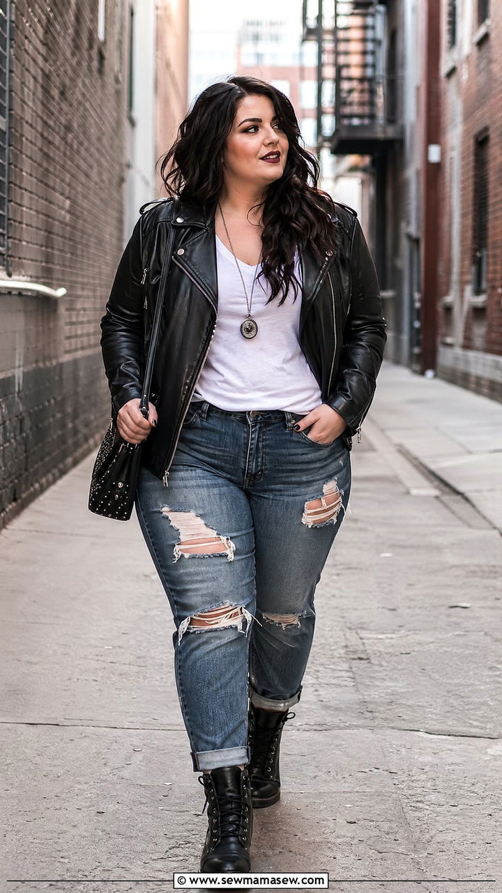 Plus Size Leather Jacket Distressed Jeans Concert Look - 35 Concert outfits for plus size