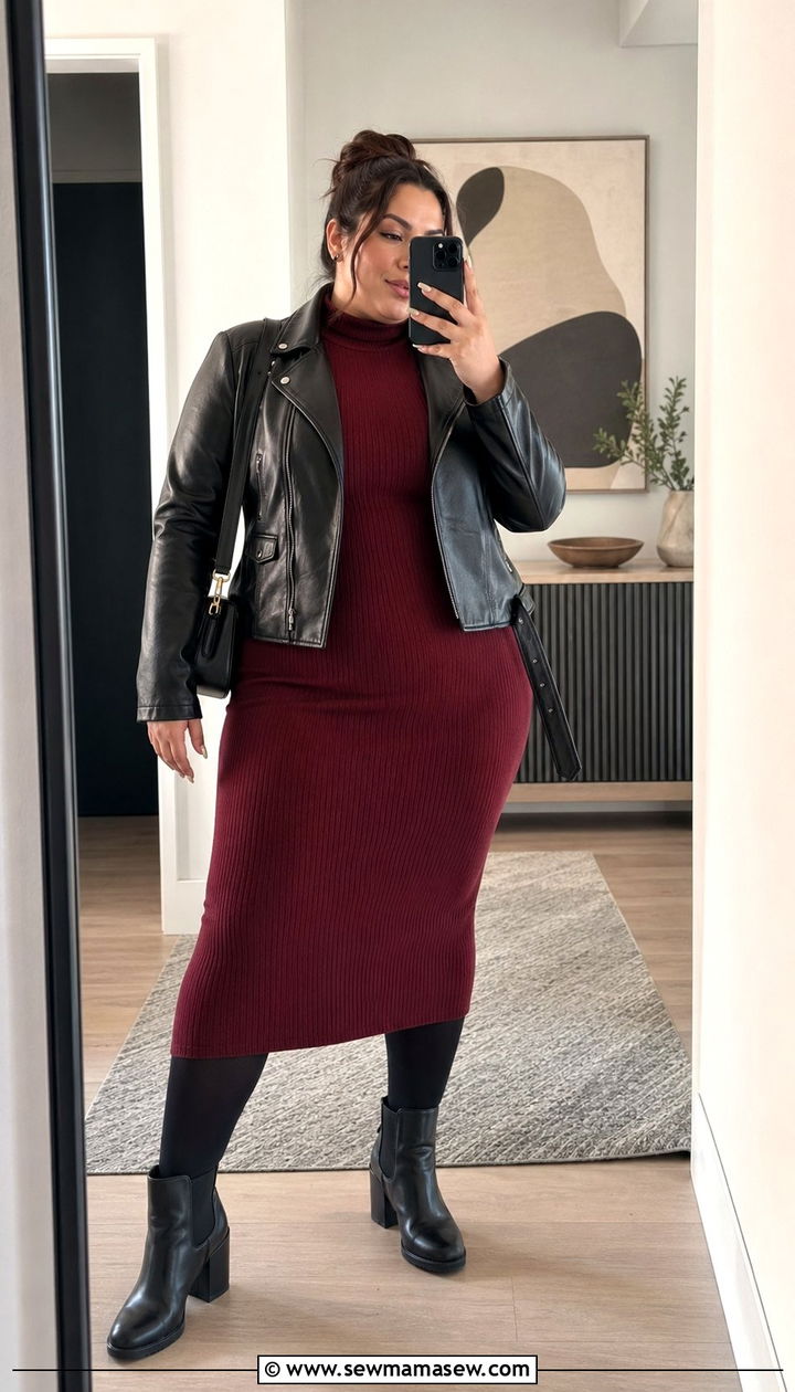 Plus Size Leather Jacket and Turtleneck Dress - 35 Outfit ideas for plus size