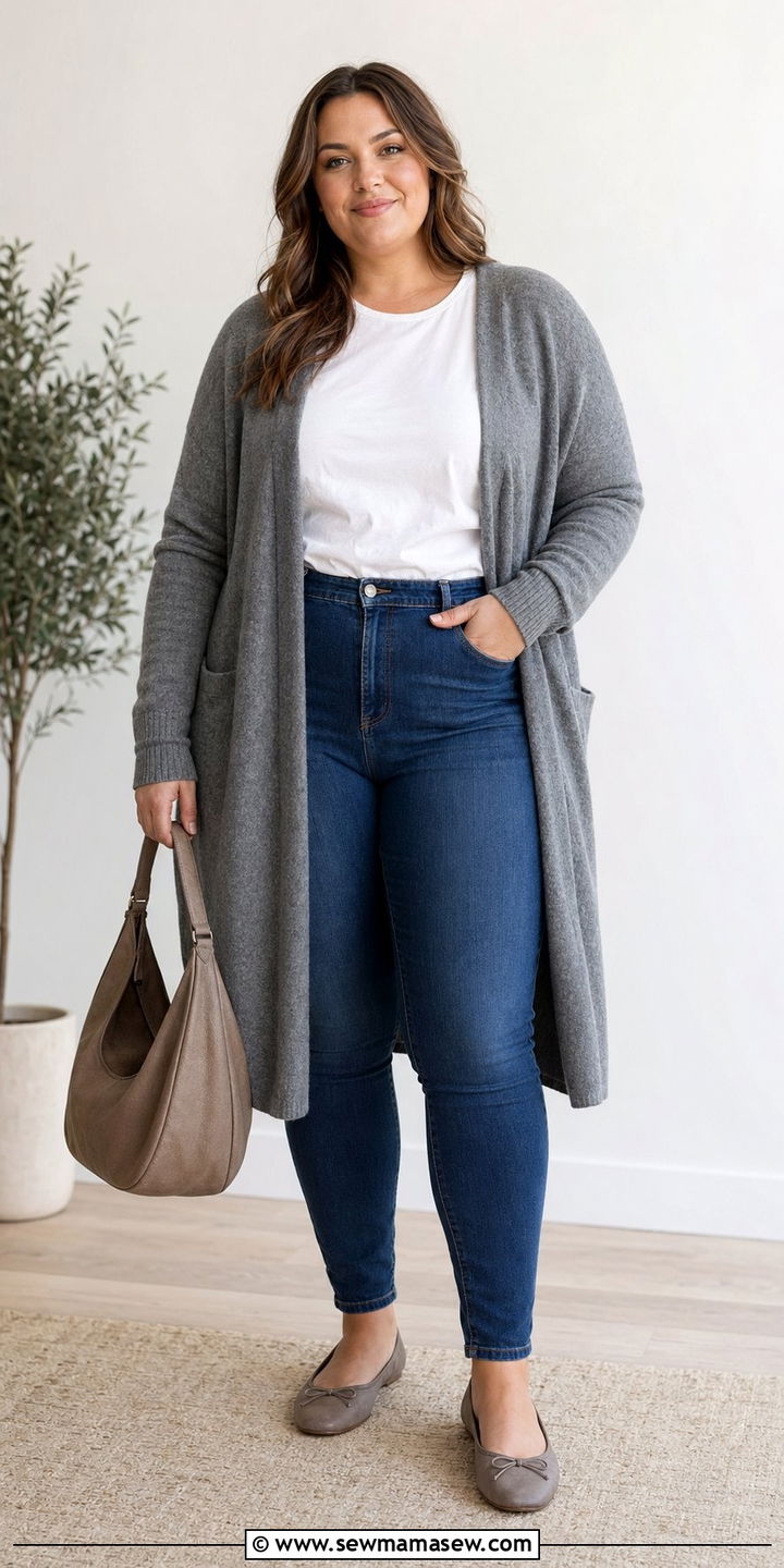 Plus Size Long Cardigan and T Shirt Outfit - 35 Plus size outfit ideas size 20