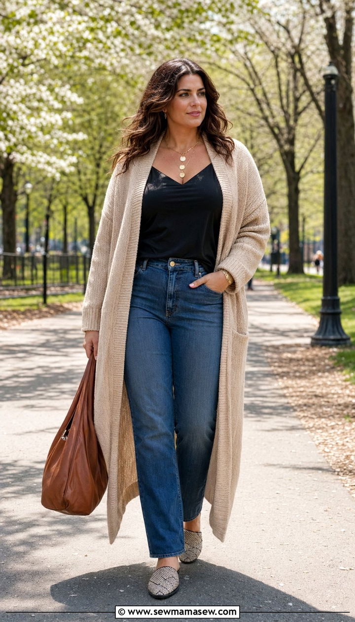 Plus Size Long Cardigan with Cami and Jeans - 35 plus size outfit ideas for women
