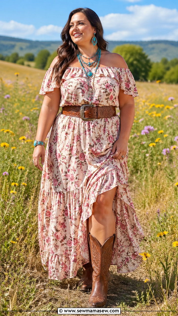 Plus Size Maxi Dress With Cowboy Boots Festival Look - 30 Plus size festival outfit ideas