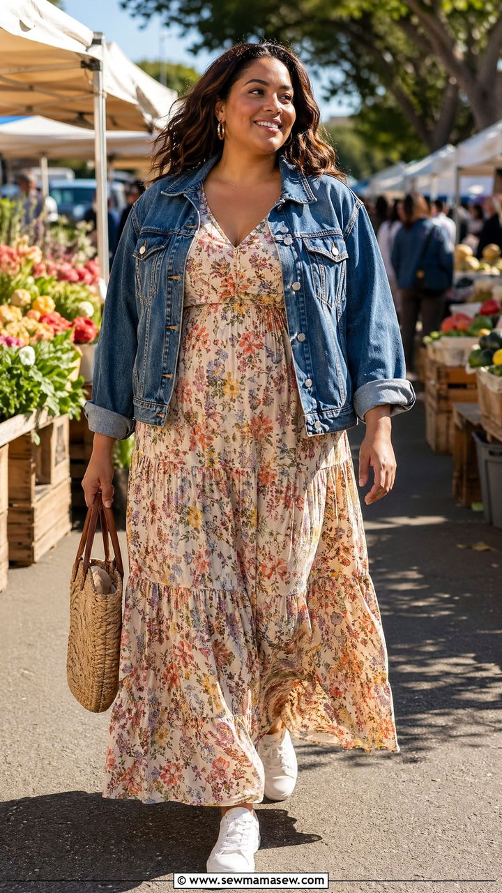 Plus Size Maxi Dress with Denim Jacket - 35 casual outfits for plus size women