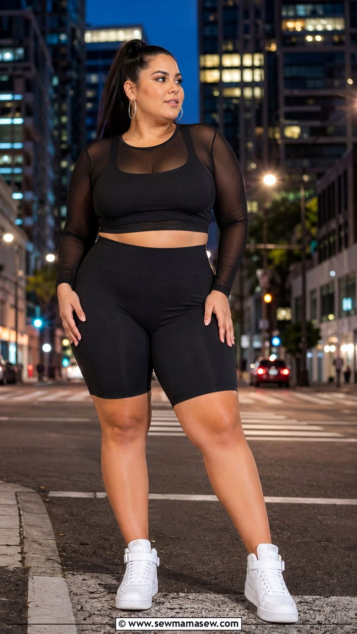 Plus Size Mesh Panel Top and Biker Shorts Outfit - 35 Plus size athleisure outfits
