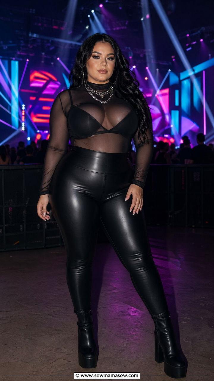 Plus Size Mesh Top Faux Leather Leggings Concert Outfit - 35 Concert outfits for plus size