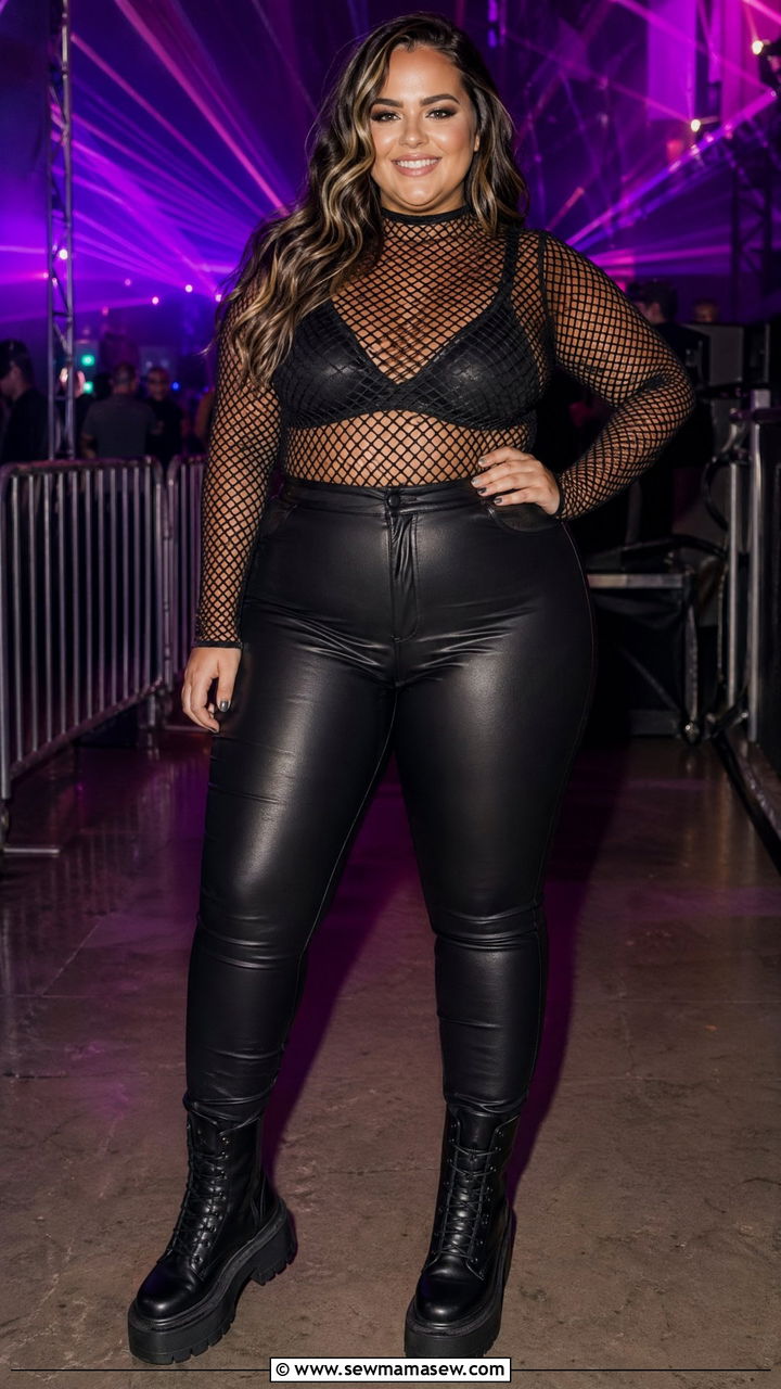 Plus Size Mesh Top and Faux Leather Leggings Concert Outfit - 35 Concert outfits for curvy women