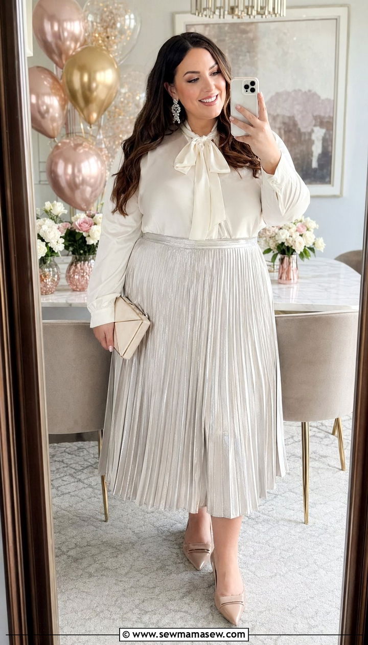 Plus Size Metallic Pleated Skirt And Blouse Brunch - 30 Birthday brunch outfit ideas plus size