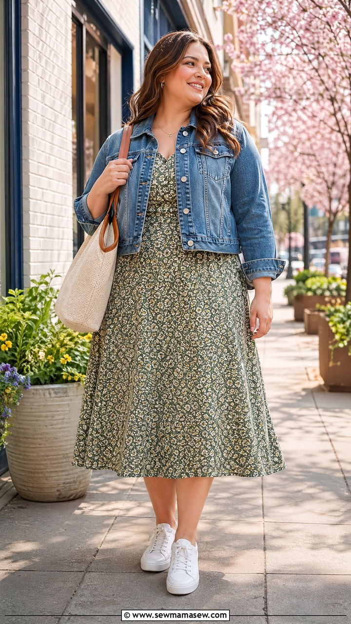 Plus Size Midi Dress with Cropped Denim Jacket - 35 Spring outfits for plus size
