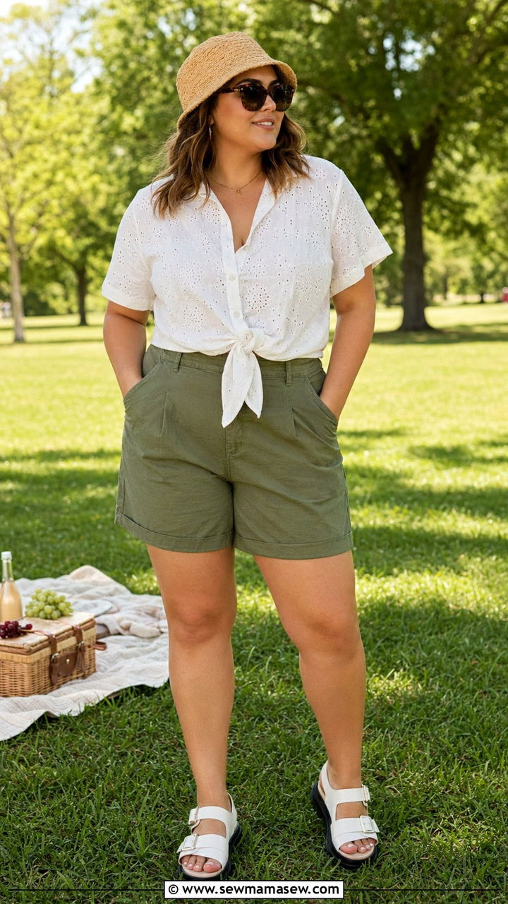 Plus Size Mom Shorts With Eyelet Button Down Top - 30 Best shorts for plus size