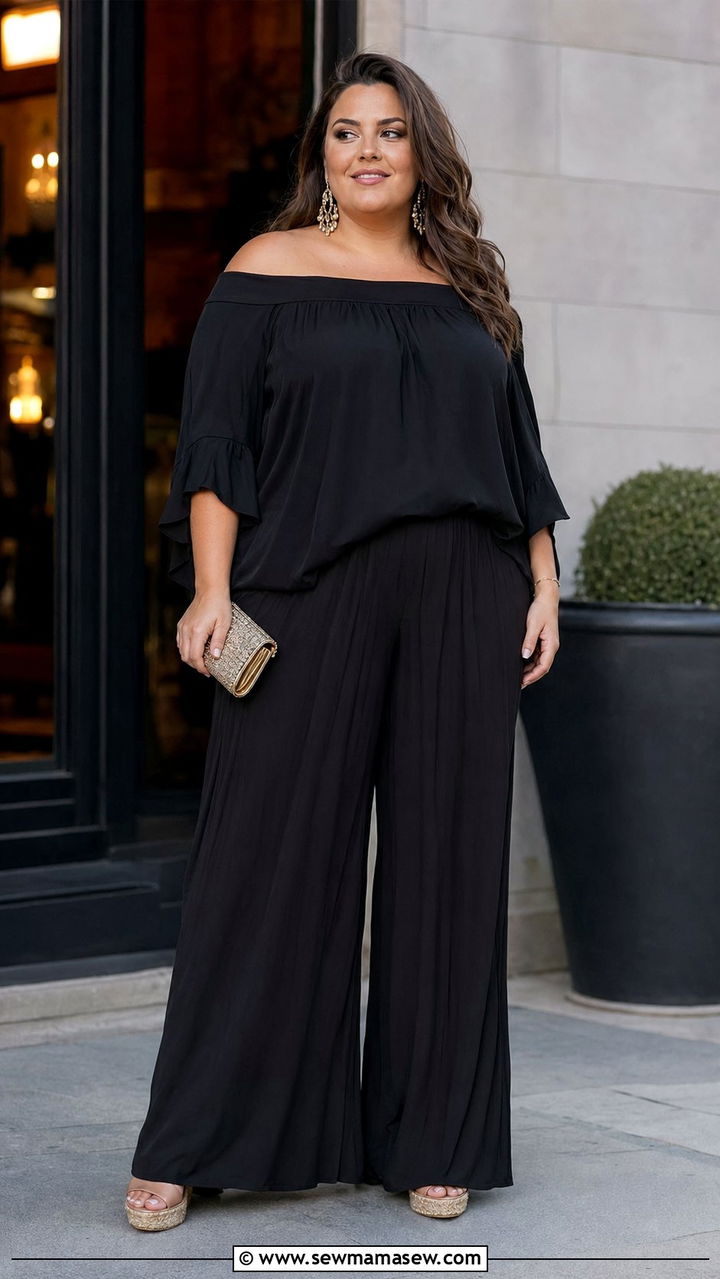 Plus Size Off Shoulder Top and Palazzo Pants - 35 Plus size outfit ideas size 20