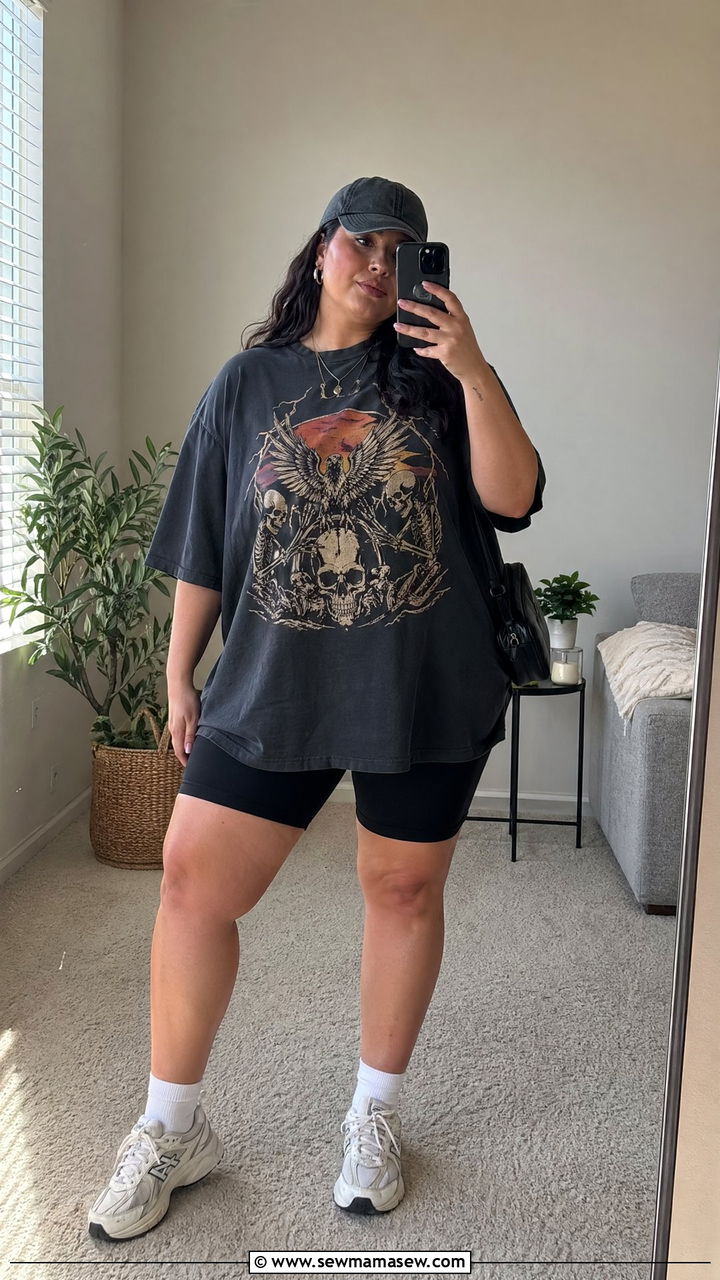 Plus Size Oversized Band Tee with Biker Shorts Concert Look - 35 Concert outfits for plus size