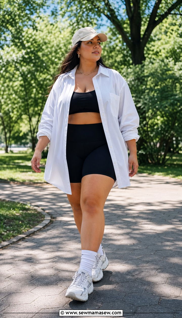 Plus Size Oversized Button Down Shirt with Biker Shorts - 35 Outfit ideas for plus size