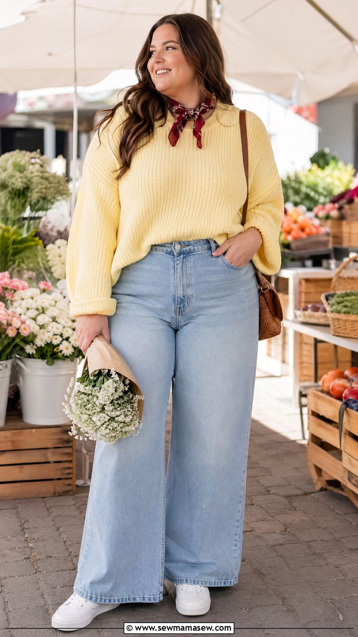 Plus Size Oversized Sweater and Wide Leg Jeans - 35 Spring outfits for plus size