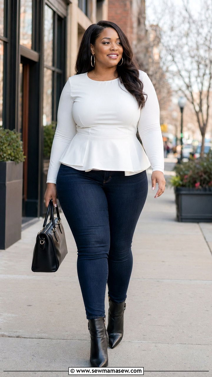 Plus Size Peplum Top and Skinny Jeans - 35 plus size outfit ideas for women