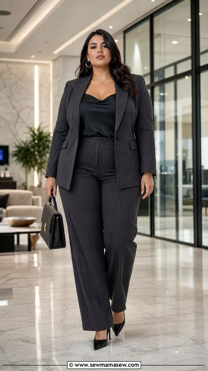 Plus Size Pinstripe Suit and Heels - 35 plus size outfit ideas for women