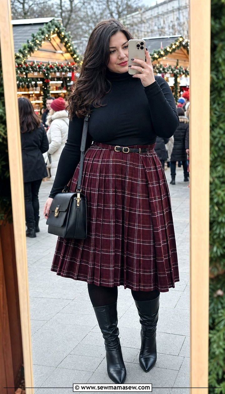 Plus Size Plaid Pleated Skirt With Black Turtleneck - 30 Best skirts for plus size