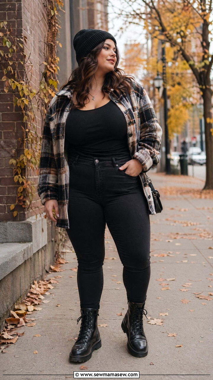 Plus Size Plaid Shacket Black Skinny Jeans Concert Look - 35 Concert outfits for plus size