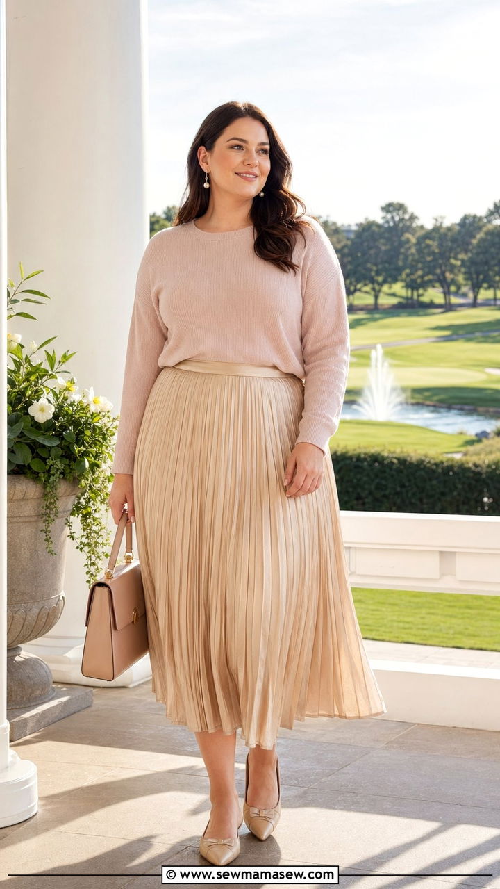 Plus Size Pleated Midi Skirt And Sweater Brunch - 30 Birthday brunch outfit ideas plus size