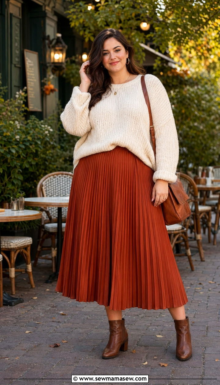 Plus Size Pleated Midi Skirt With Chunky Sweater - 30 Best skirts for plus size