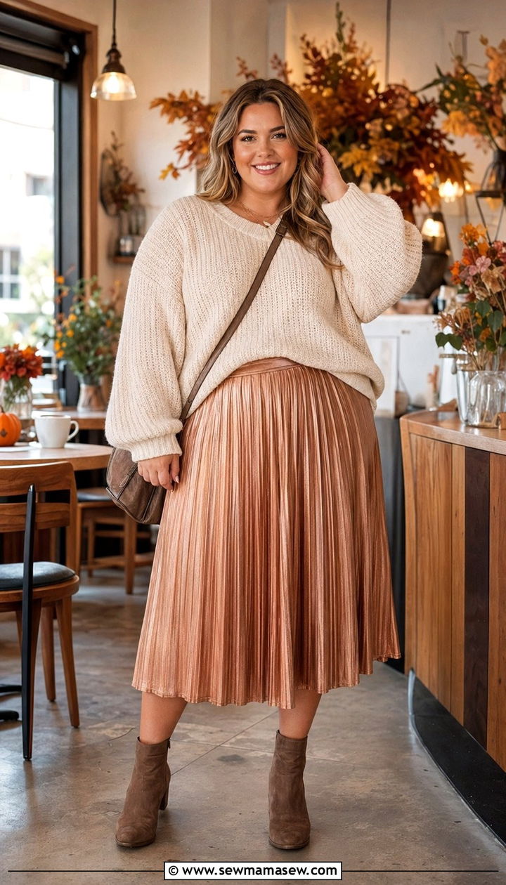 Plus Size Pleated Midi Skirt and Chunky Knit - 35 plus size outfit ideas for women