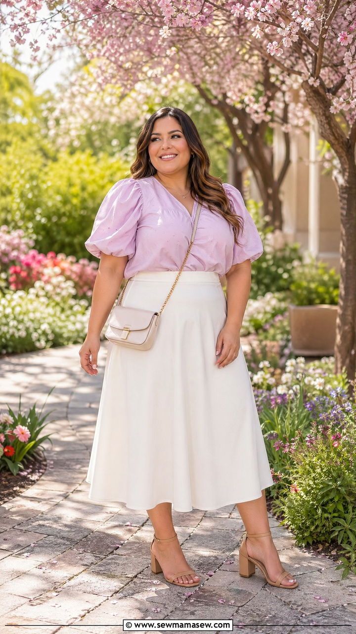Plus Size Puff Sleeve Blouse And A Line Skirt Spring Outfit - 35 spring outfits for plus size women