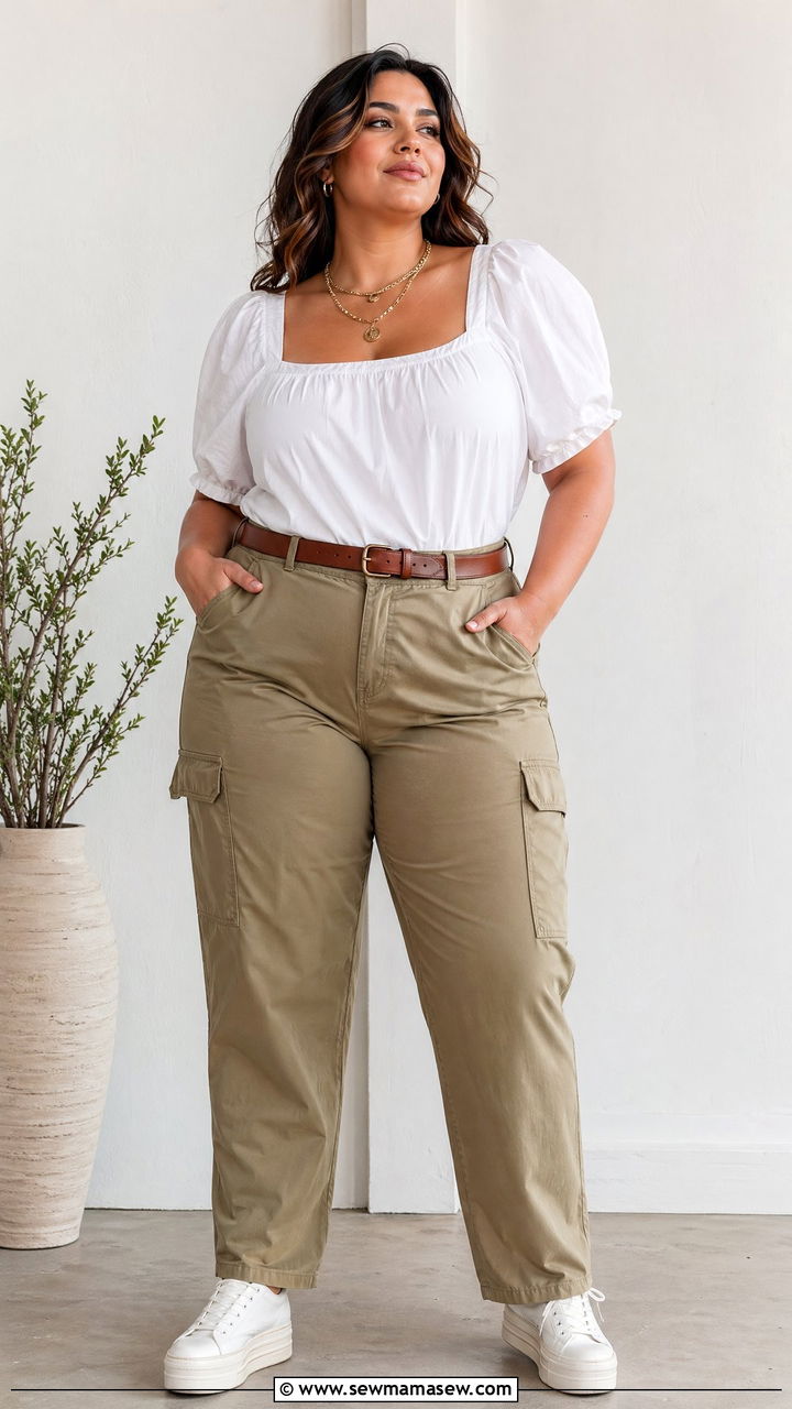 Plus Size Puff Sleeve Blouse and Cargo Pants - 35 Spring outfits for plus size