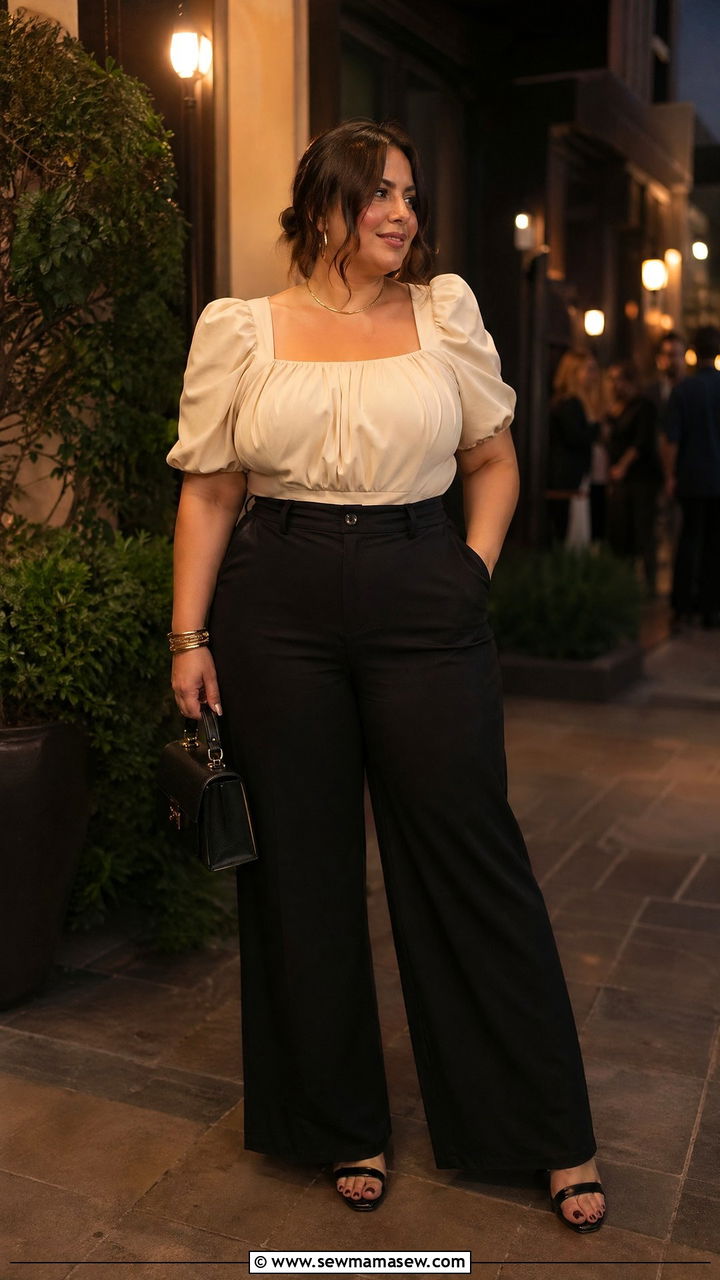 Plus Size Puff Sleeve Top Wide Leg Trousers Concert Look - 35 Concert outfits for plus size
