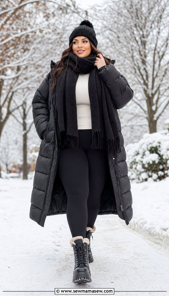 Plus Size Puffer Coat with Leggings and Boots - 35 plus size outfit ideas for women
